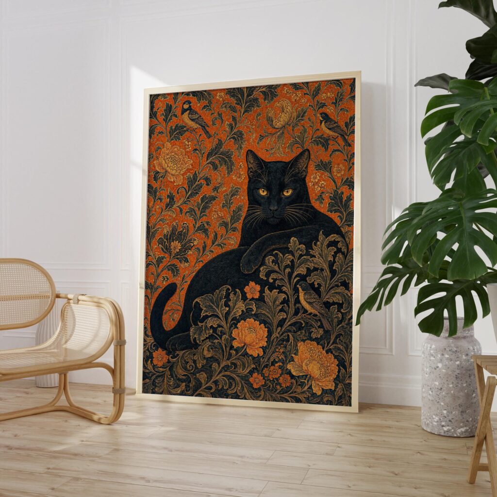 Black Cat with Birds on William Morris Floral Print