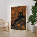 Black Cat with Birds on William Morris Floral Print