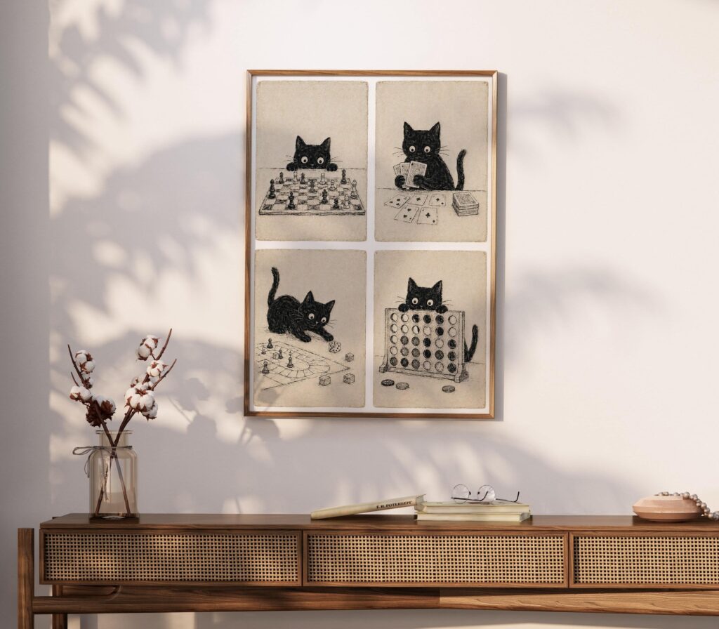 Black Cats Playing Board Games Print