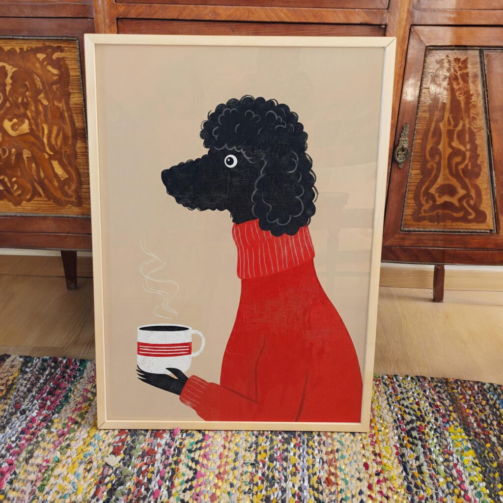 Black Poodle Dog Coffee Mid Century Art Print