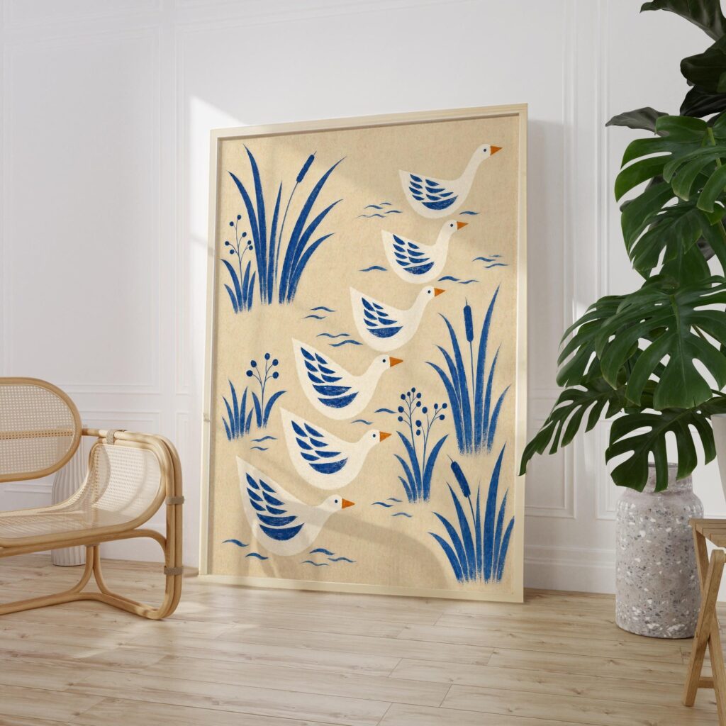 Blue Folk Goose Print