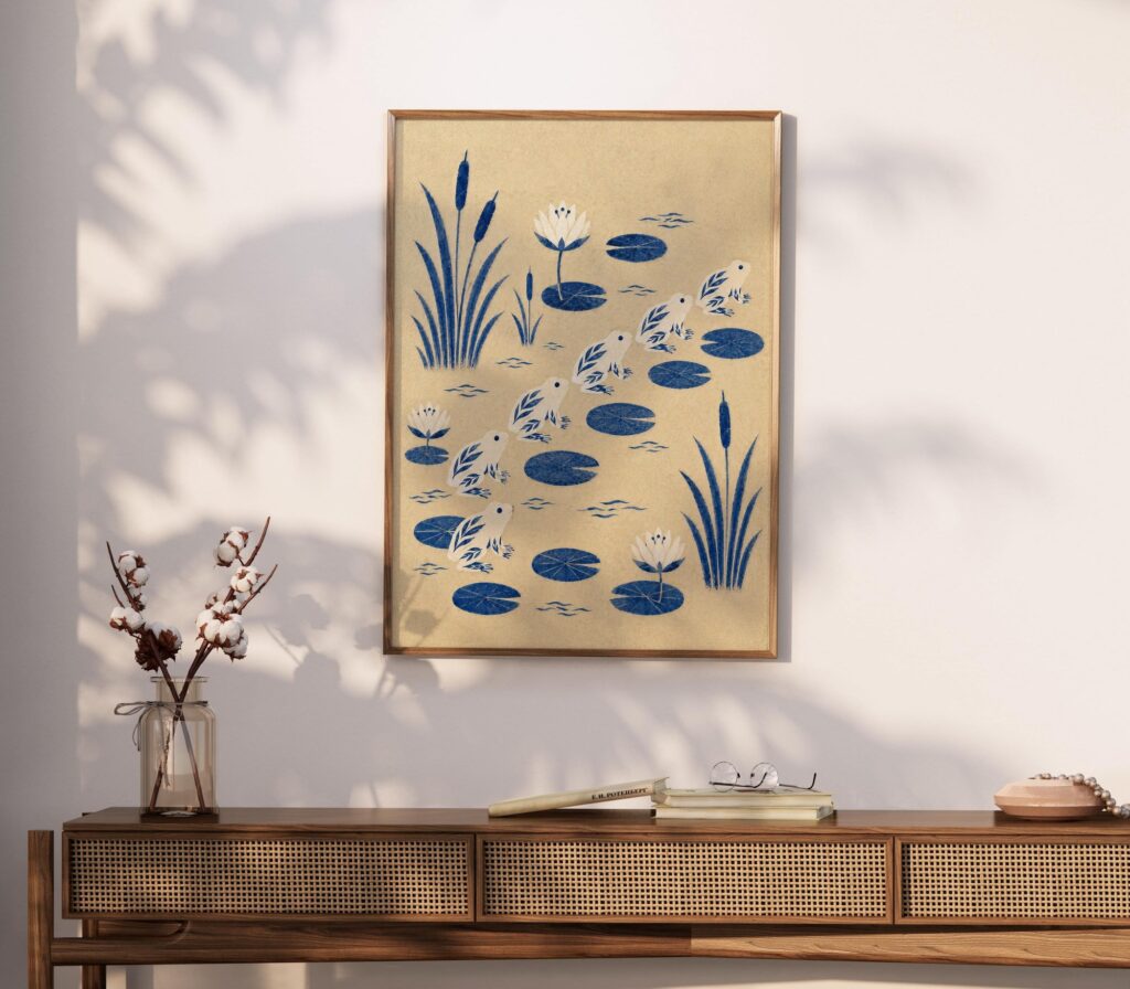 Blue Frogs Leaping Across a Lily Pond Print