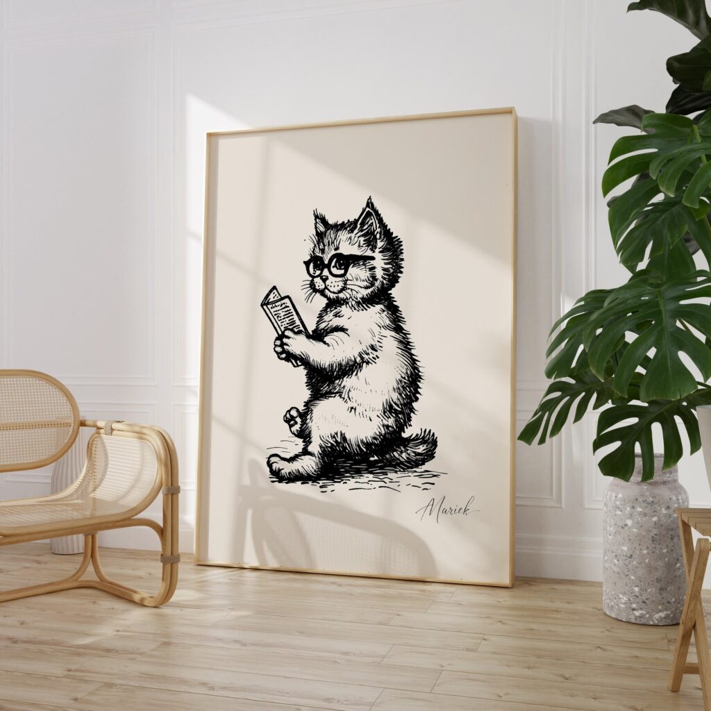 Book Lover Gift Bookworm Cat Print