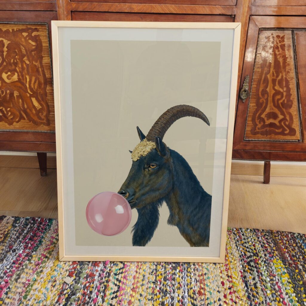 Bubblegum Goat Print Funny Animal Poster Playful Wall Art