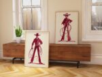 Burgundy Cowgirl Cowboy Sketch Art Print Set of 2
