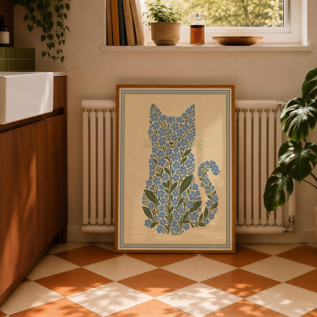 Cat Made of Blue Forget Me Not Flowers Print