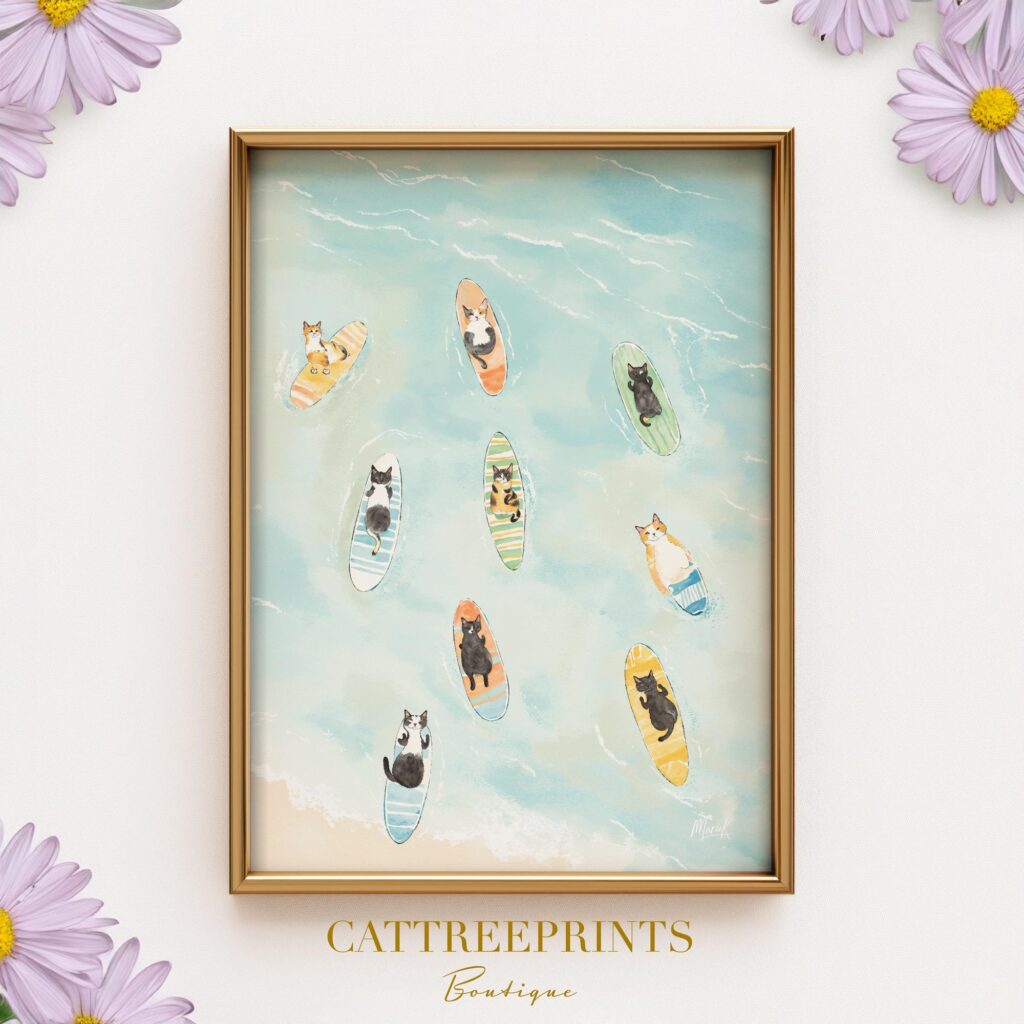 Cat Surf Beach Art Print