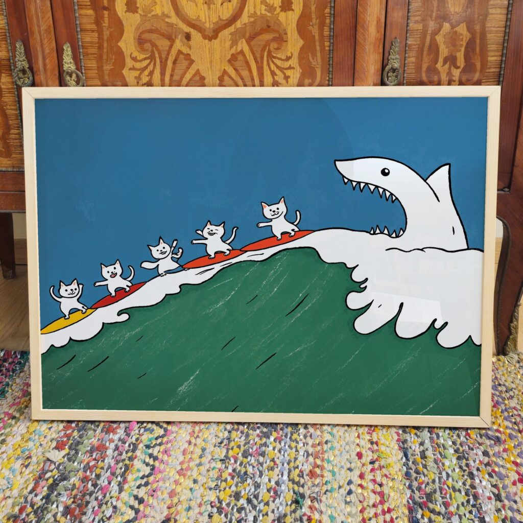 Cat Surf Shark Art Print