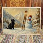 Cat with Snowman and Skis Print