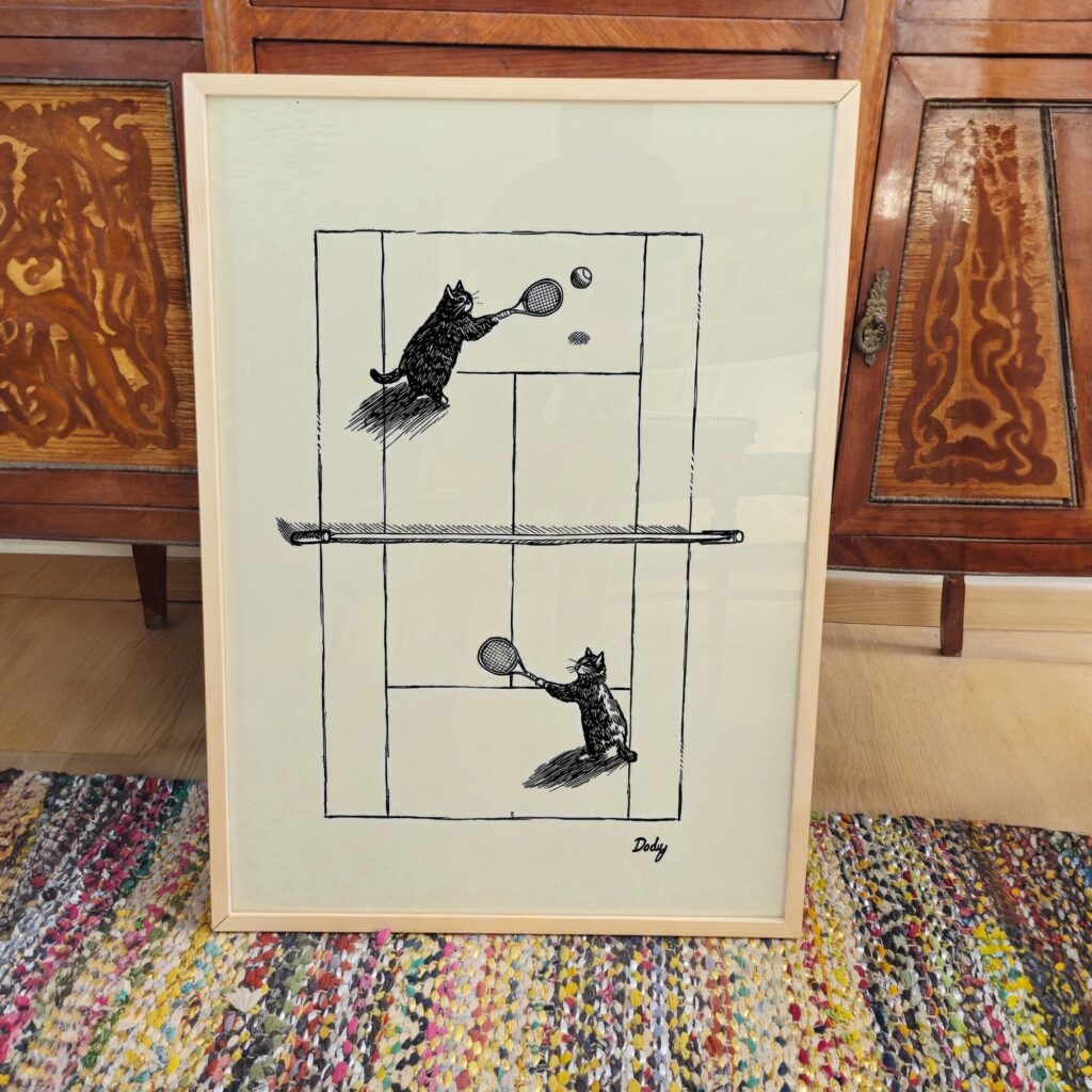 Cats Playing Tennis Ink Sketch Print