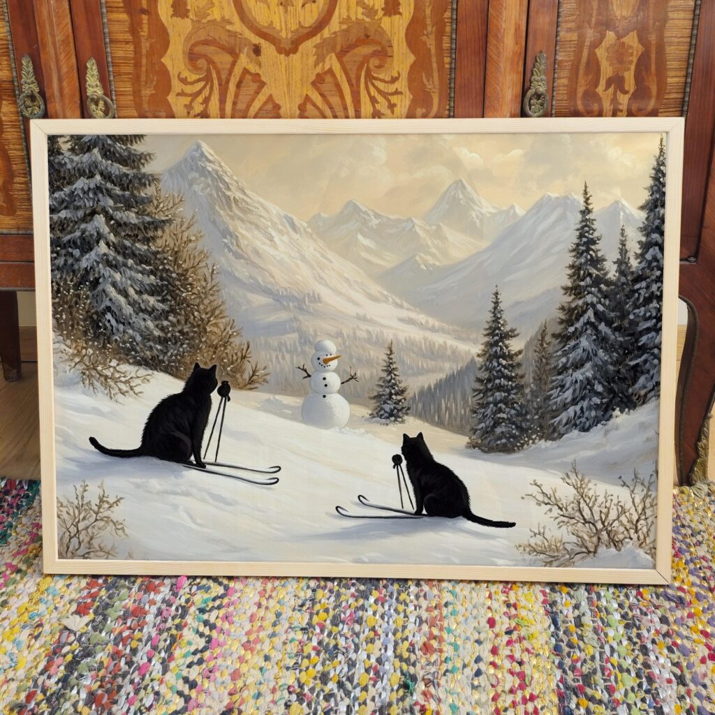 Cats Skiing with Snowman Print