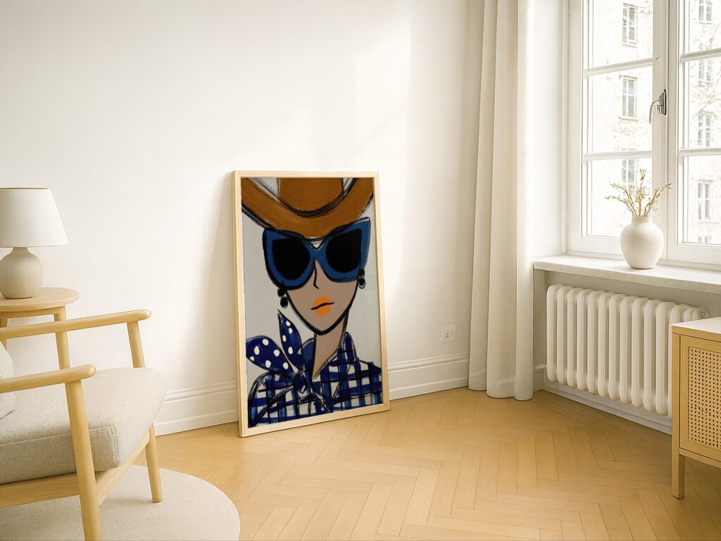 Chic Fashion Cowgirl In Blue Sunglasses Wall Art