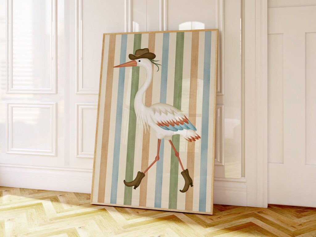 Cowboy Heron in Hat and Boots Print