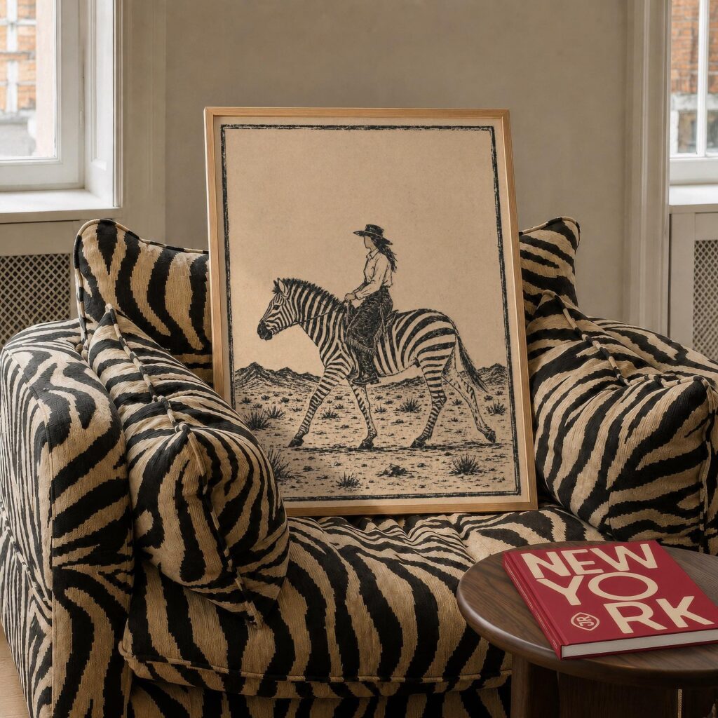 Cowgirl Riding a Zebra in the Desert Print
