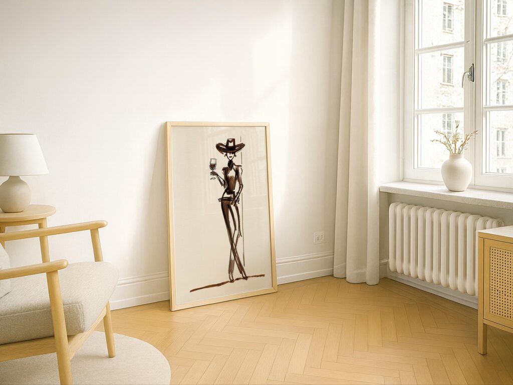 Cowgirl with Wine Glass Ink Sketch Print