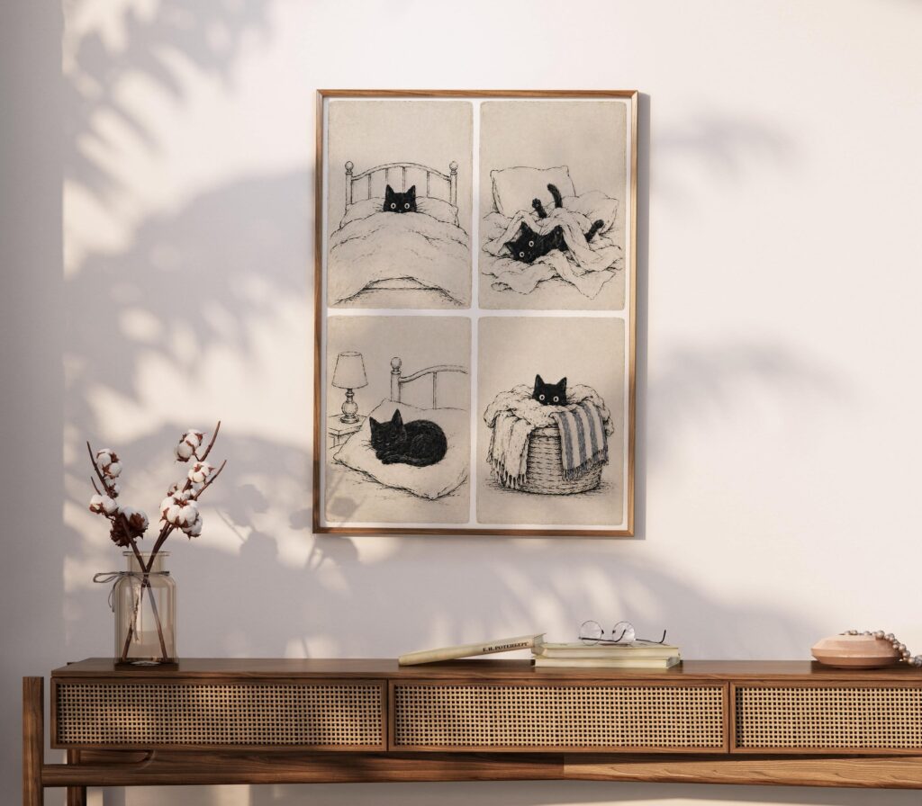 Cozy Black Cat in Four Panels Print