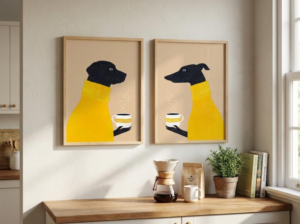 Dogs Drinking Coffee Art Print Set of 2