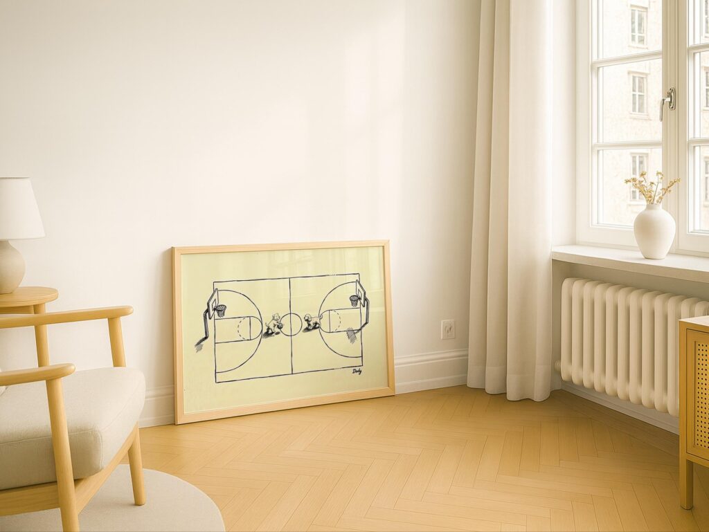 Dogs Playing Basketball Ink Sketch Print