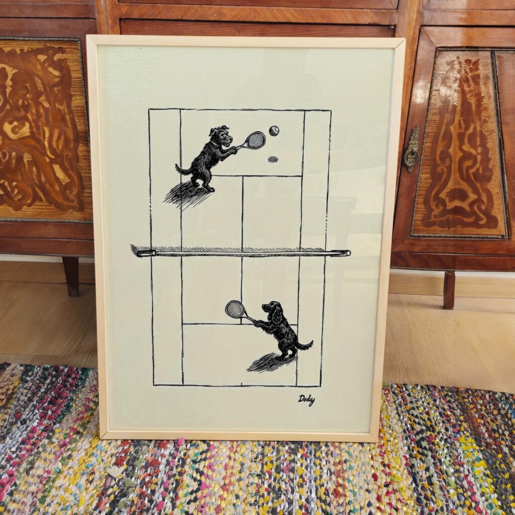 Dogs Playing Tennis Ink Drawing Vintage Style Print