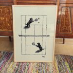 Dogs Playing Tennis Ink Drawing Vintage Style Print
