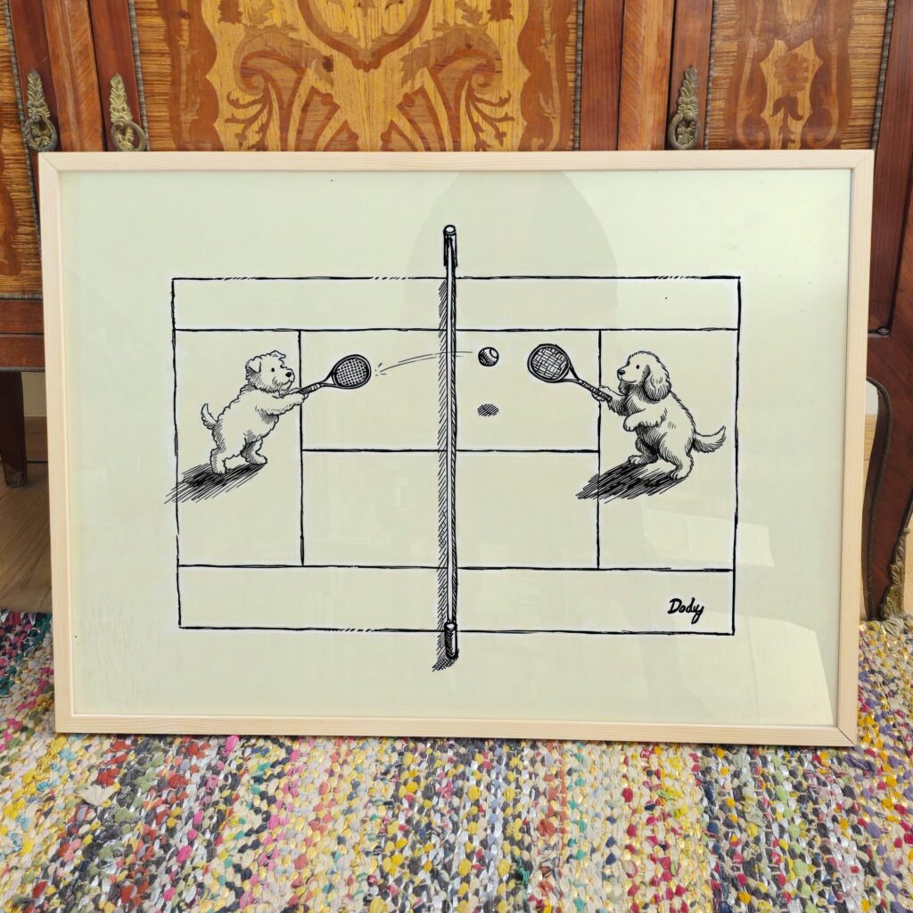 Dogs Playing Tennis Ink Drawing Whimsical Black Print