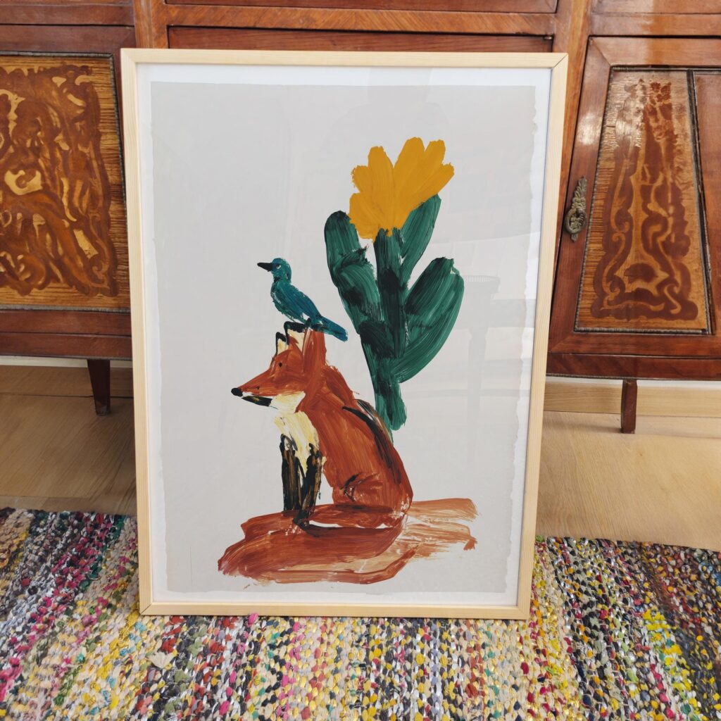 Fox and Bird Desert Cactus Art Print