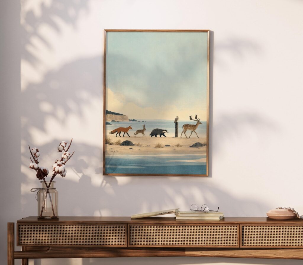 Fox Hare Badger Owl and Deer Walking Print