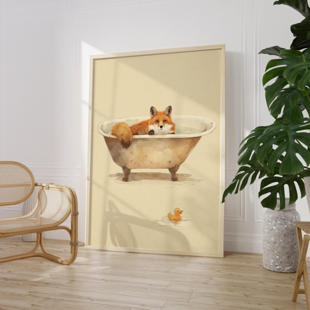 Fox in Bathtub Vintage Illustration Print