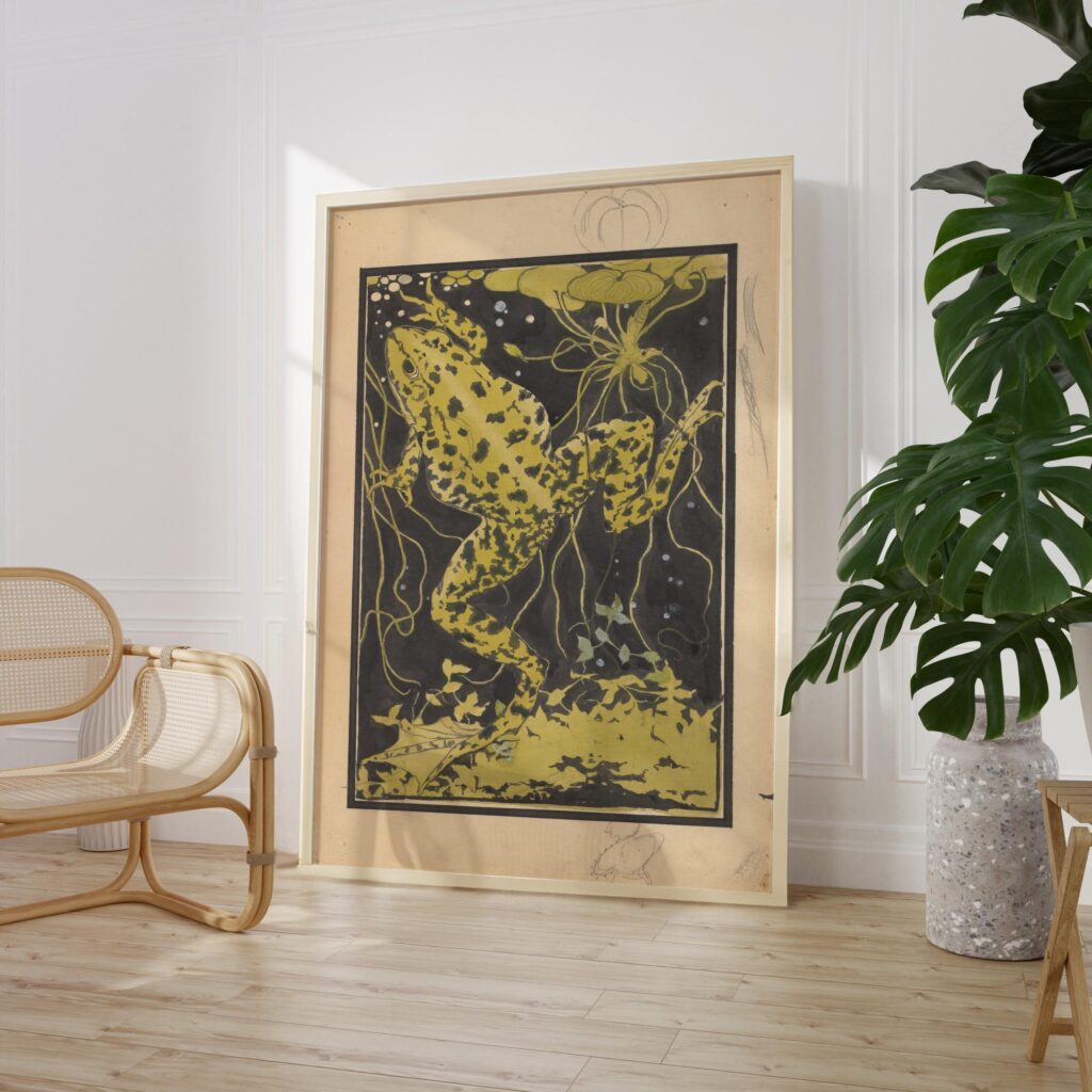 Frog in Water Art Nouveau Woodcut Print