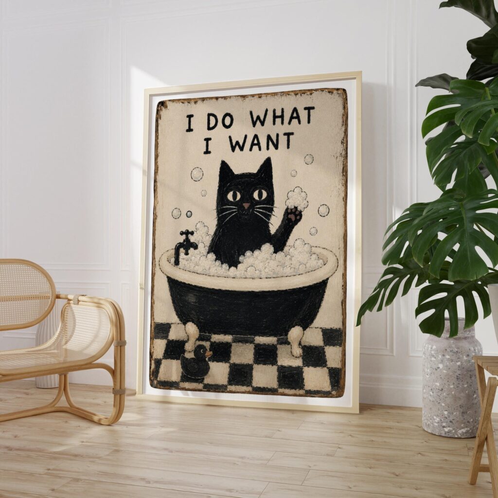 Funny Black Cat Bathtub Print