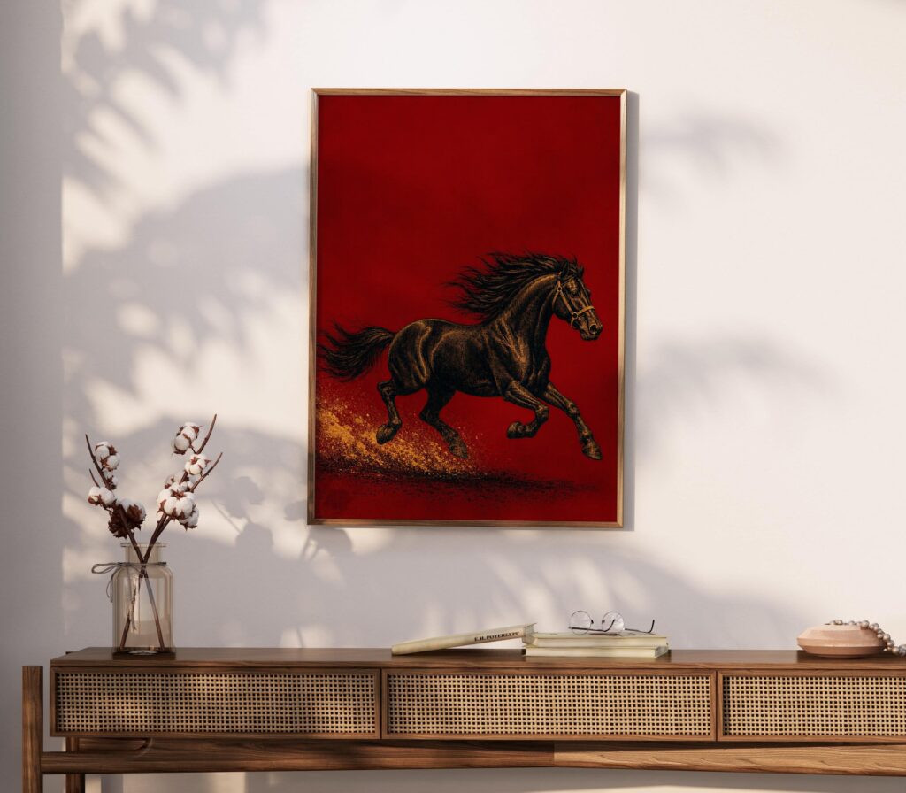 Galloping Black Horse on Deep Red Print