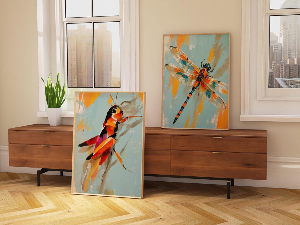 Grasshopper and Dragonfly Painting Print Set