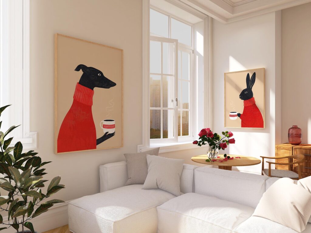Greyhound and Rabbit Coffee Art Prints Set of 2