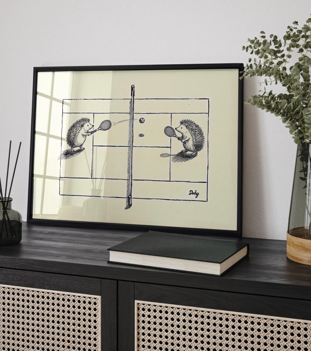 Hedgehog Tennis Funny Animal Ink Drawing Art Print
