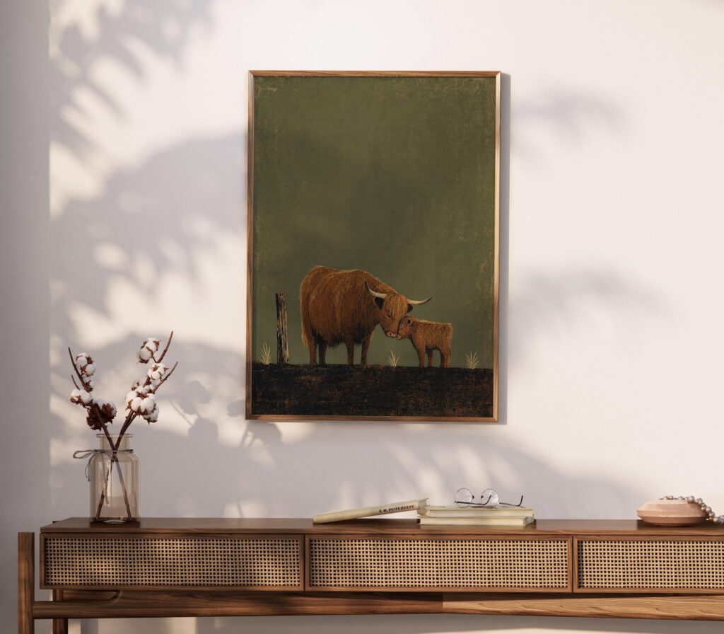 Highland Cow and Calf Nuzzling Print