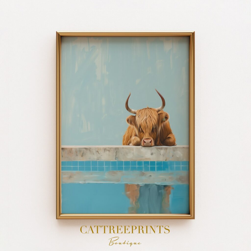 Highland Cow at Pool Print