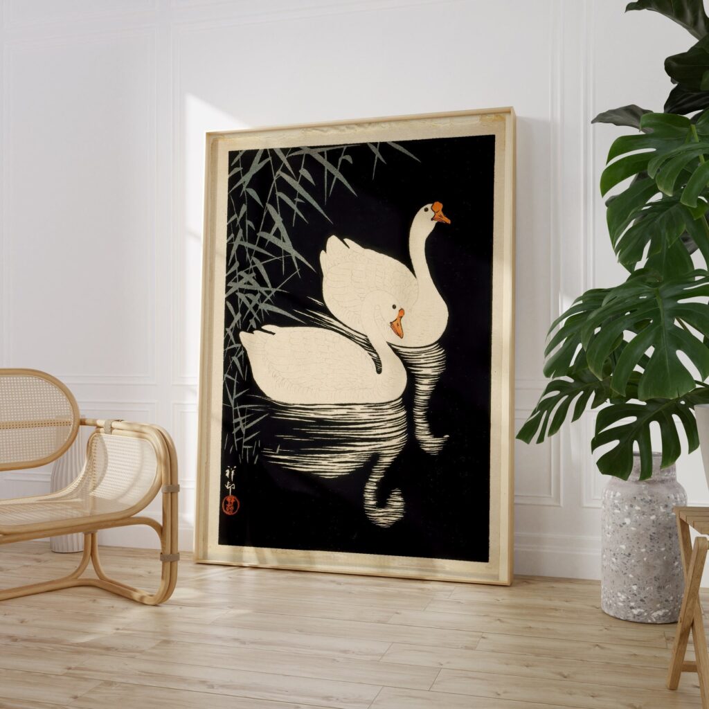 Japanese Swans Print Bird Art Japandi Decor Signed Ohara