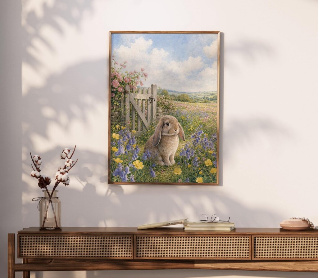 Lop Eared Bunny in a Bluebell Wildflower Meadow Print