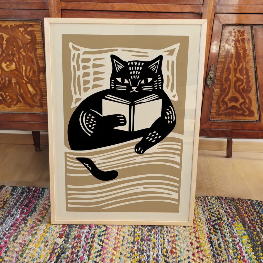 Mid Century Cat Reading Print