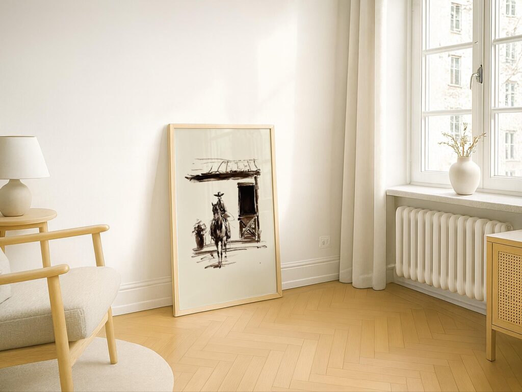 Minimal Western Cowgirl Horse Sketch Wall Print