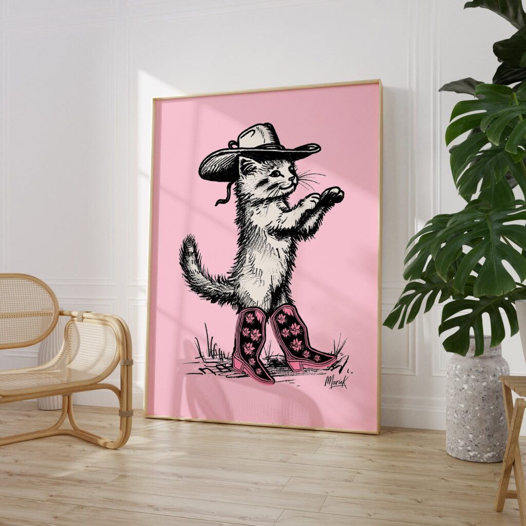 Pink Cowgirl Cat Print