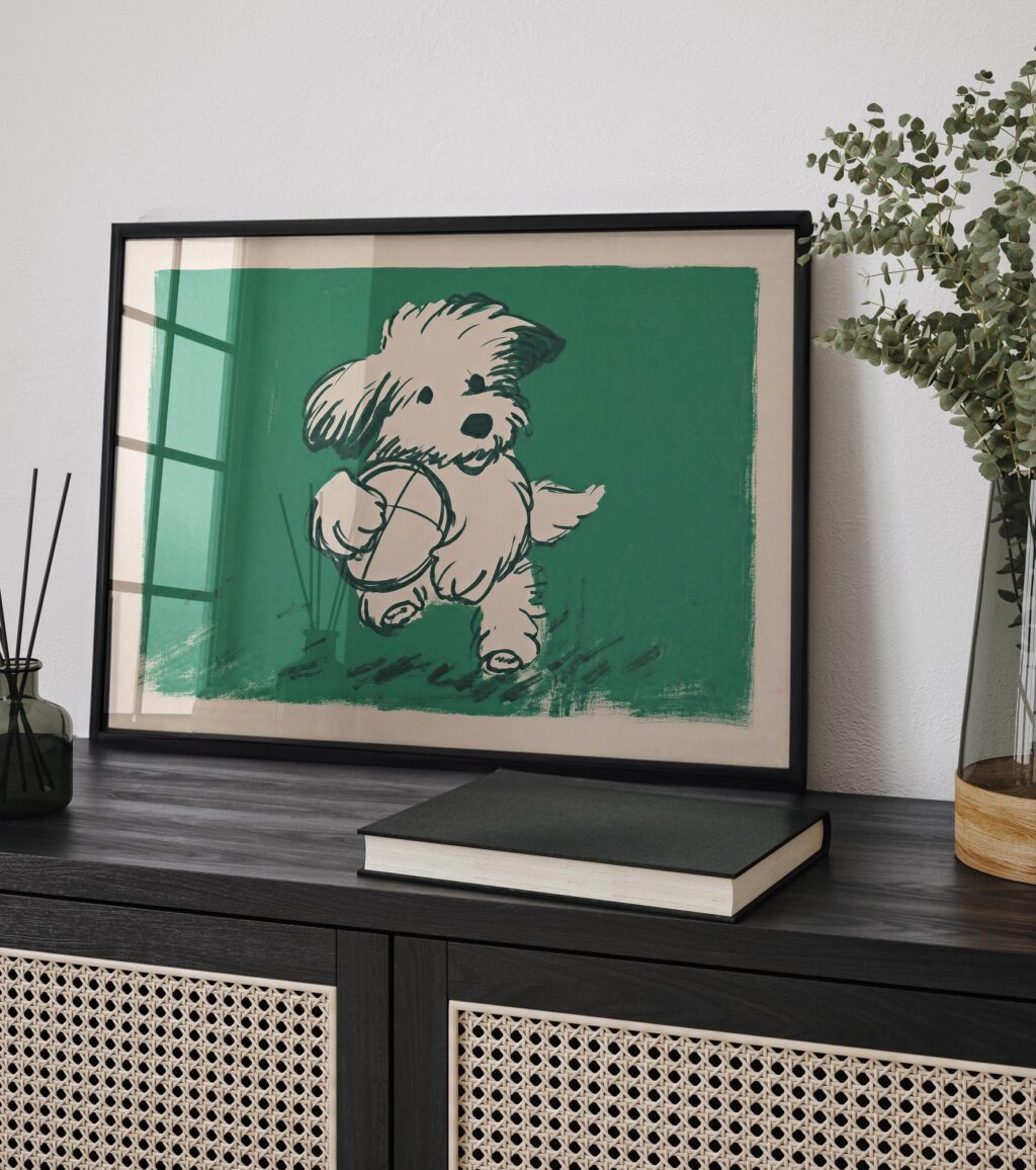 Playful Puppy Holding a Ball Line Art