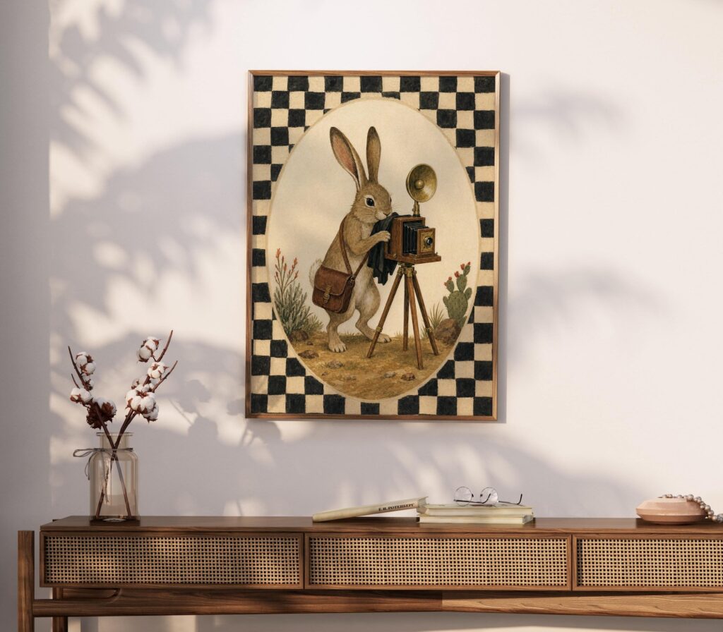 Rabbit Photographer with Antique Camera on Checkerboard Print
