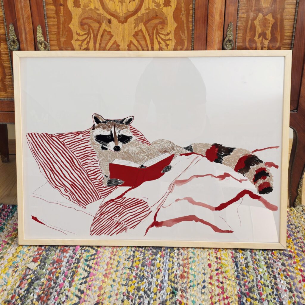 Raccoon Reading Book Illustration Art Print