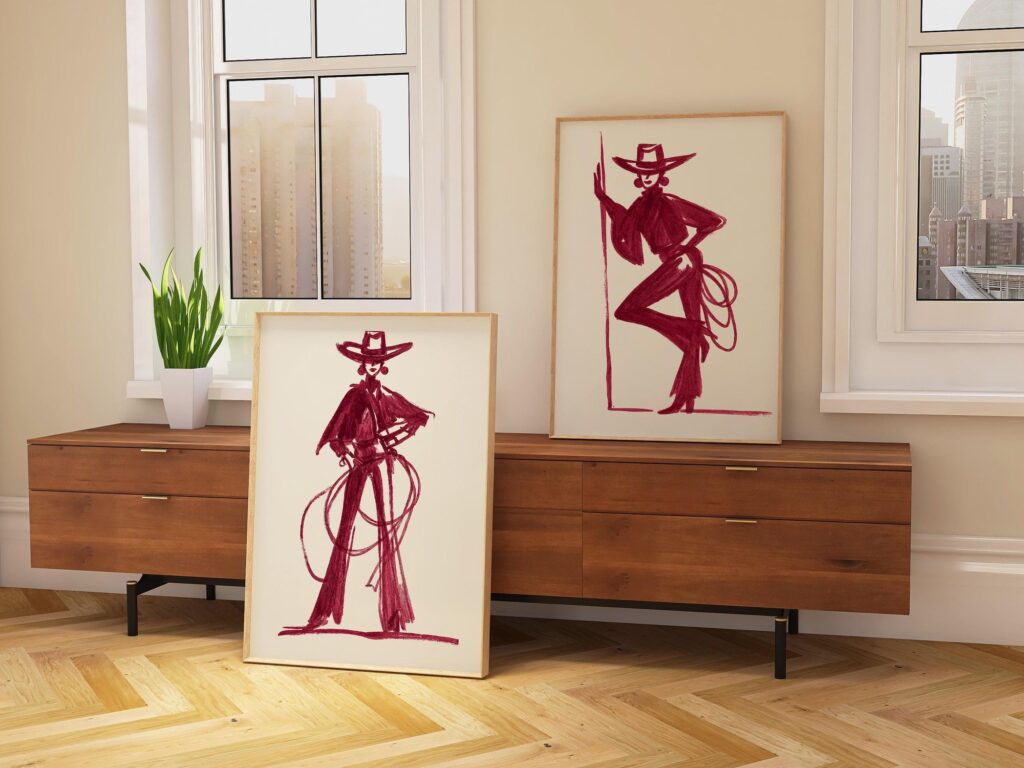 Set of 2 Red Burgundy Cowgirl Sketches Print