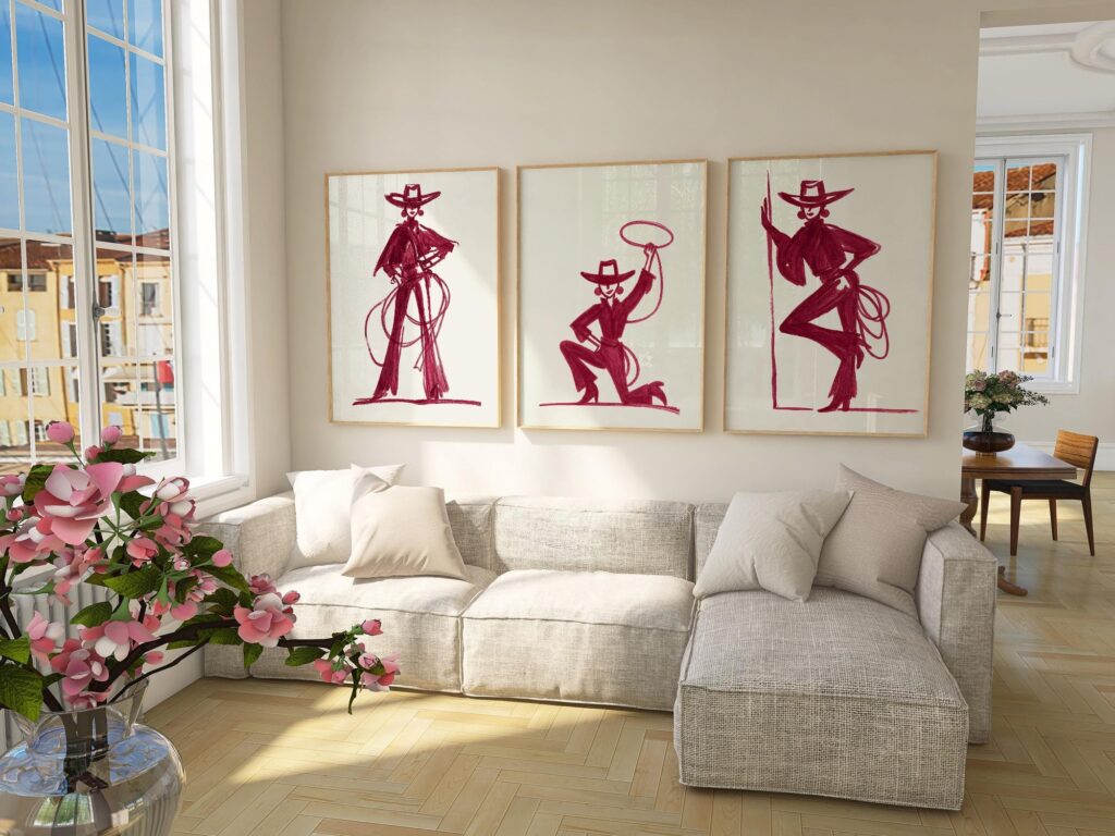 Set Of 3 Burgundy Cowgirl Art Prints