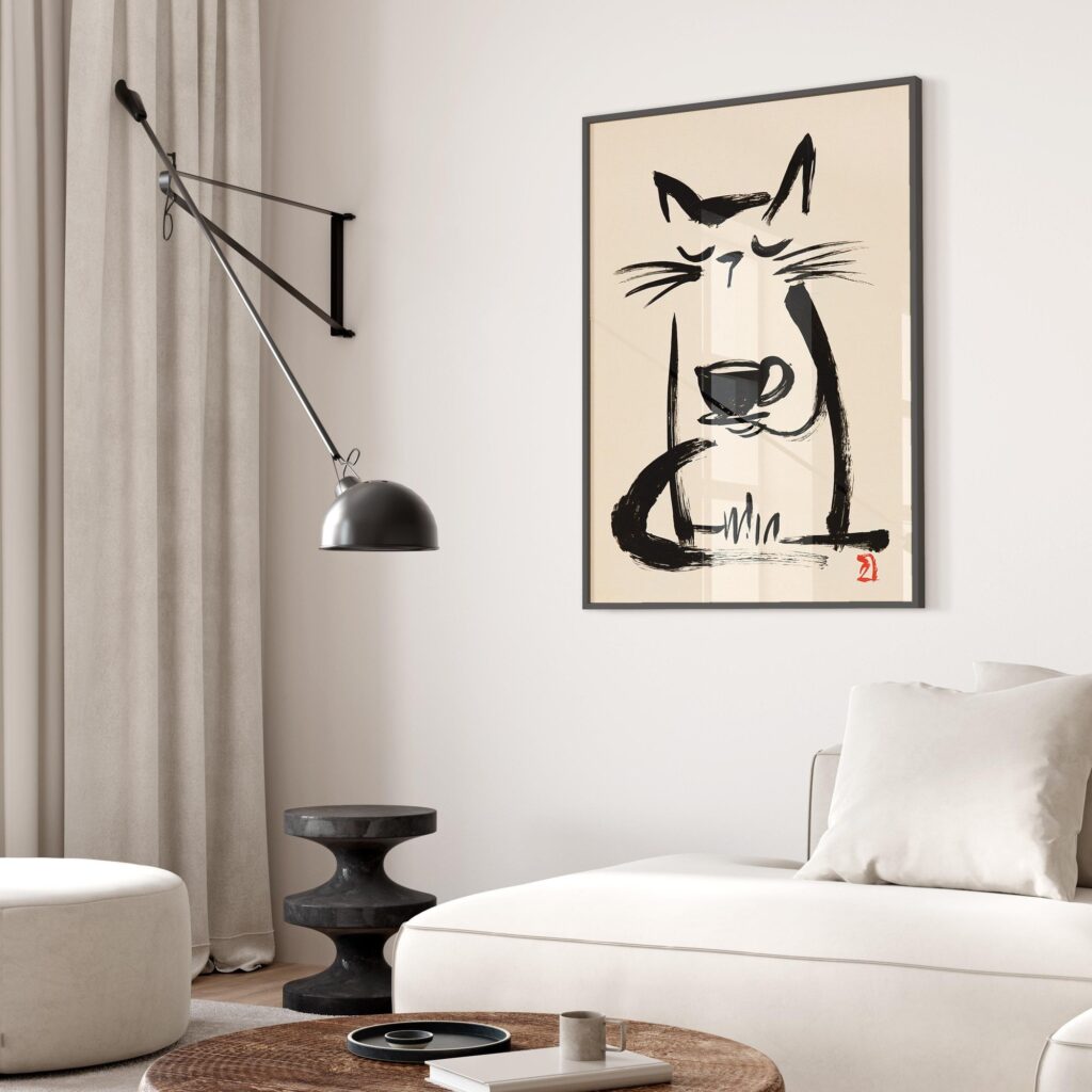 Sumi-e Coffee Cat Print