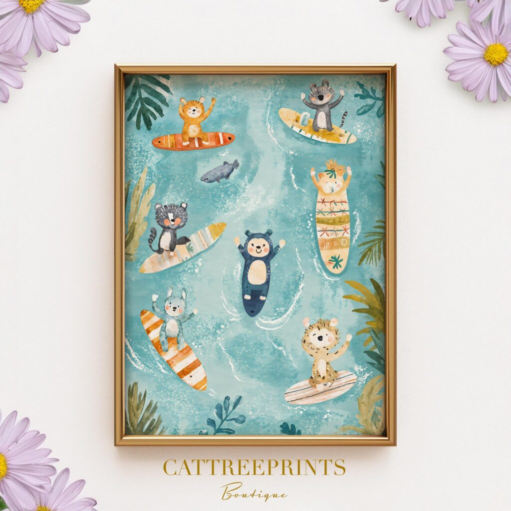Surfing Jungle Animals Nursery Art Print