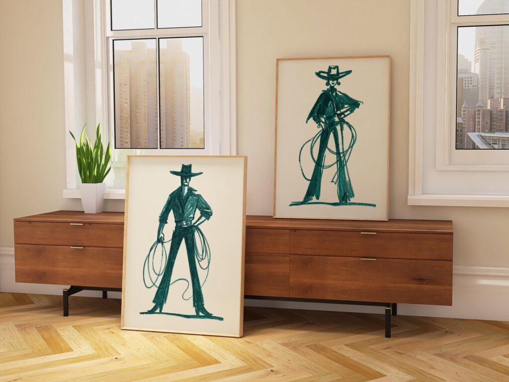 Teal Cowboy Cowgirl Line Art Prints Set of 2