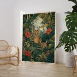 Two Caracals in a Tropical Jungle with Hibiscus Print